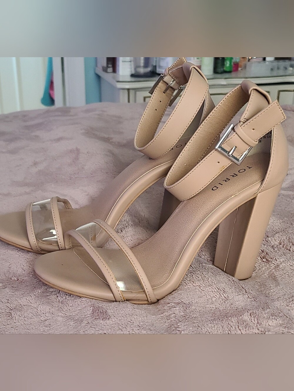 Torrid Nude Block Heel Sandals with Clear Toe Strap and Ankle Buckle